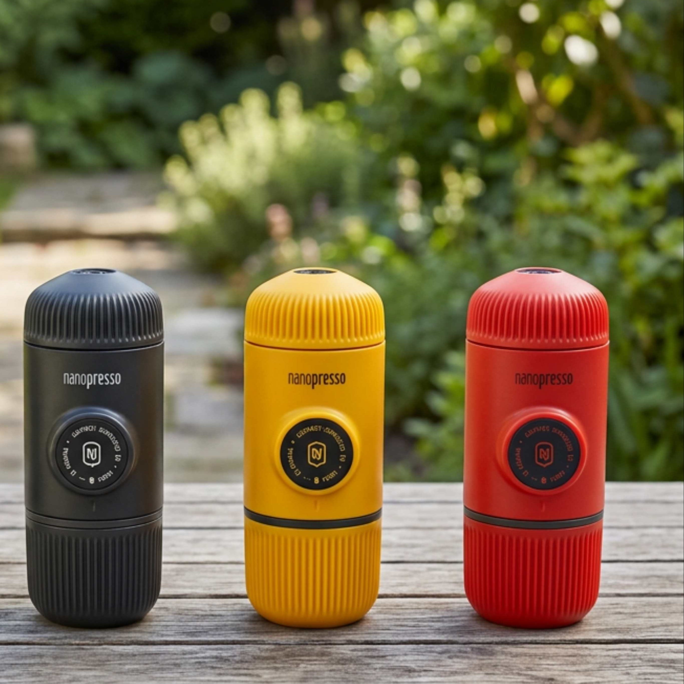 A bag of Cafe Ciro N1 coffee beans stands on a wooden table next to three portable espresso machines in black, yellow, and red, with coffee beans scattered in front. The background is a blurred outdoor garden setting.