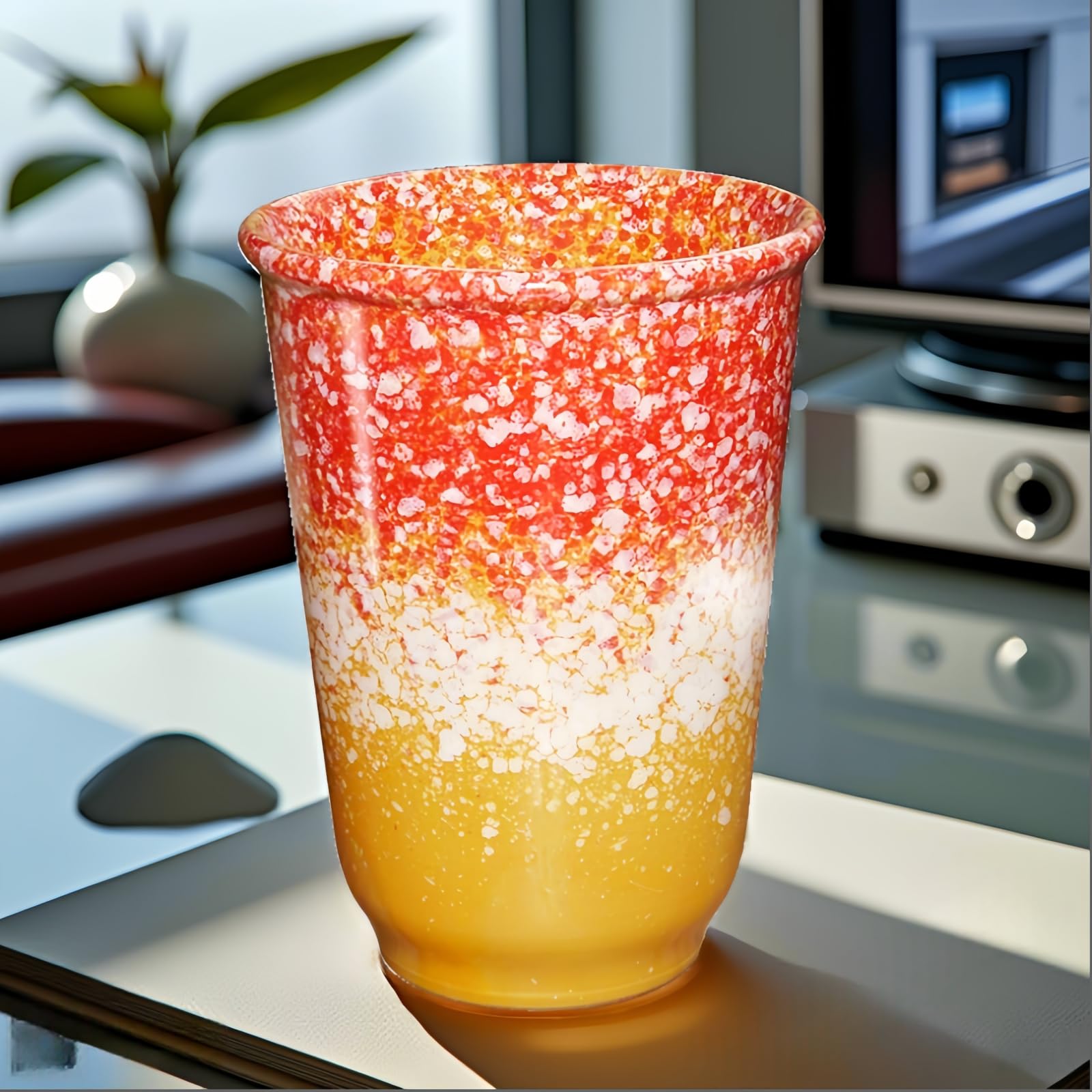 A tall tapered glass tumbler with a speckled gradient design, featuring a bright orange-red top section, a white middle section, and a golden-yellow bottom section, set on a reflective tabletop in a modern interior setting.