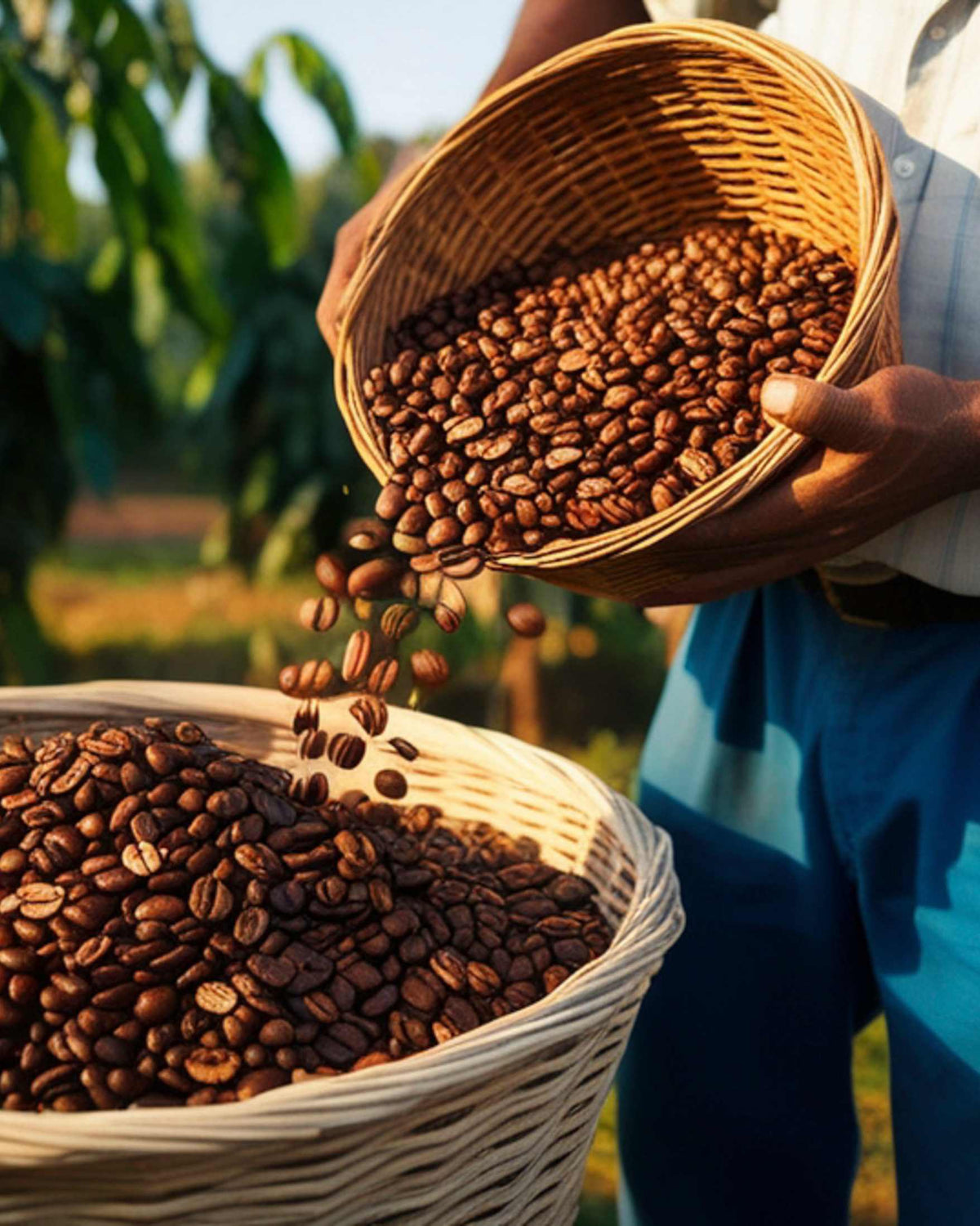 Person holding a basket of coffee beans with a blurred natural background