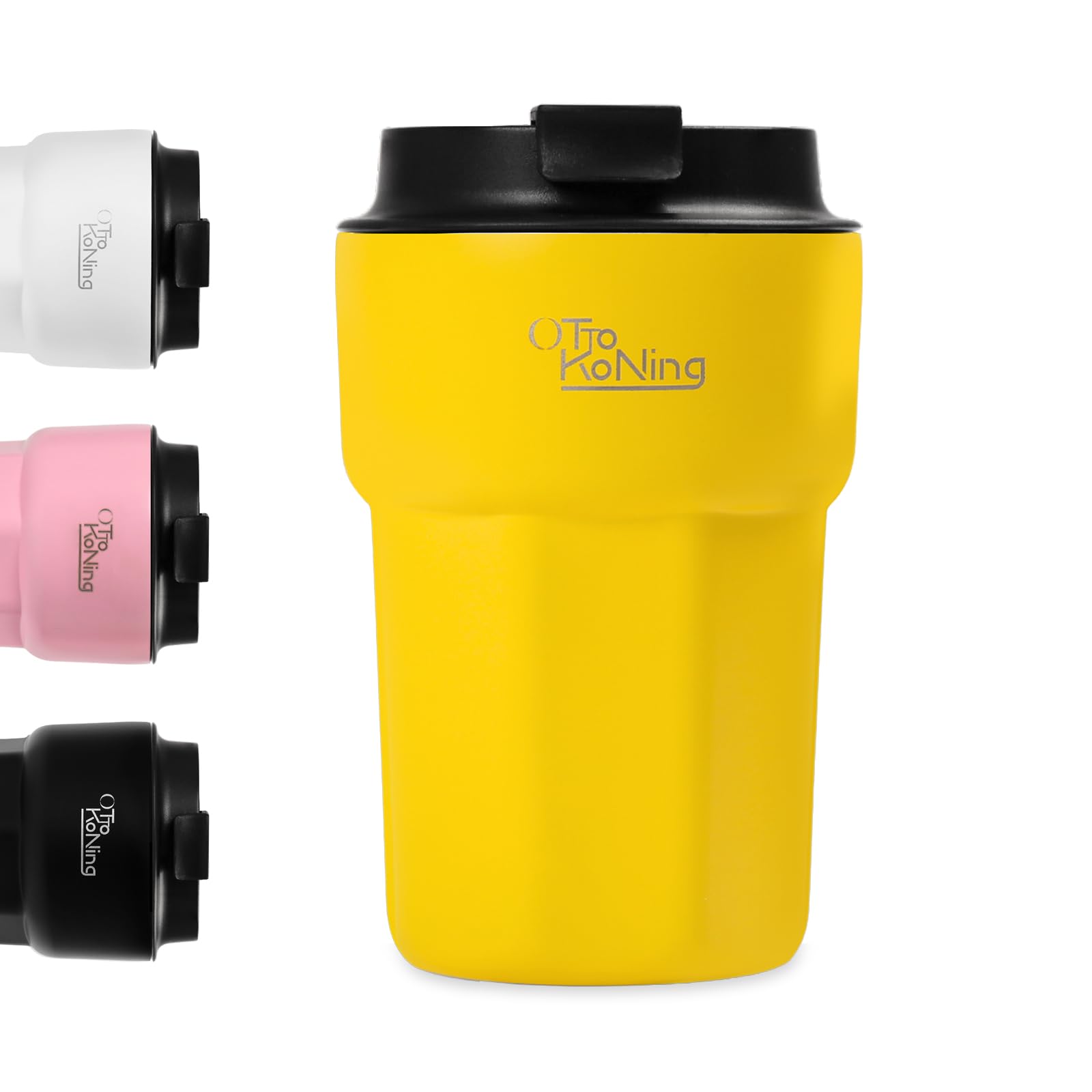 Yellow travel mug with black lid and Tro Ka Ning branding, surrounded by other color options on a white background.