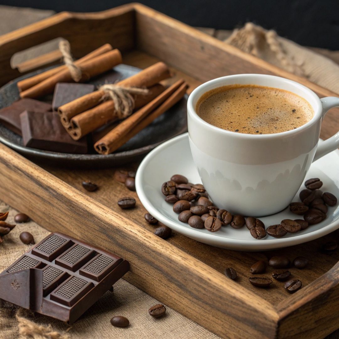 White cup of coffee on a wooden tray with chocolate, cinnamon sticks, and coffee beans.