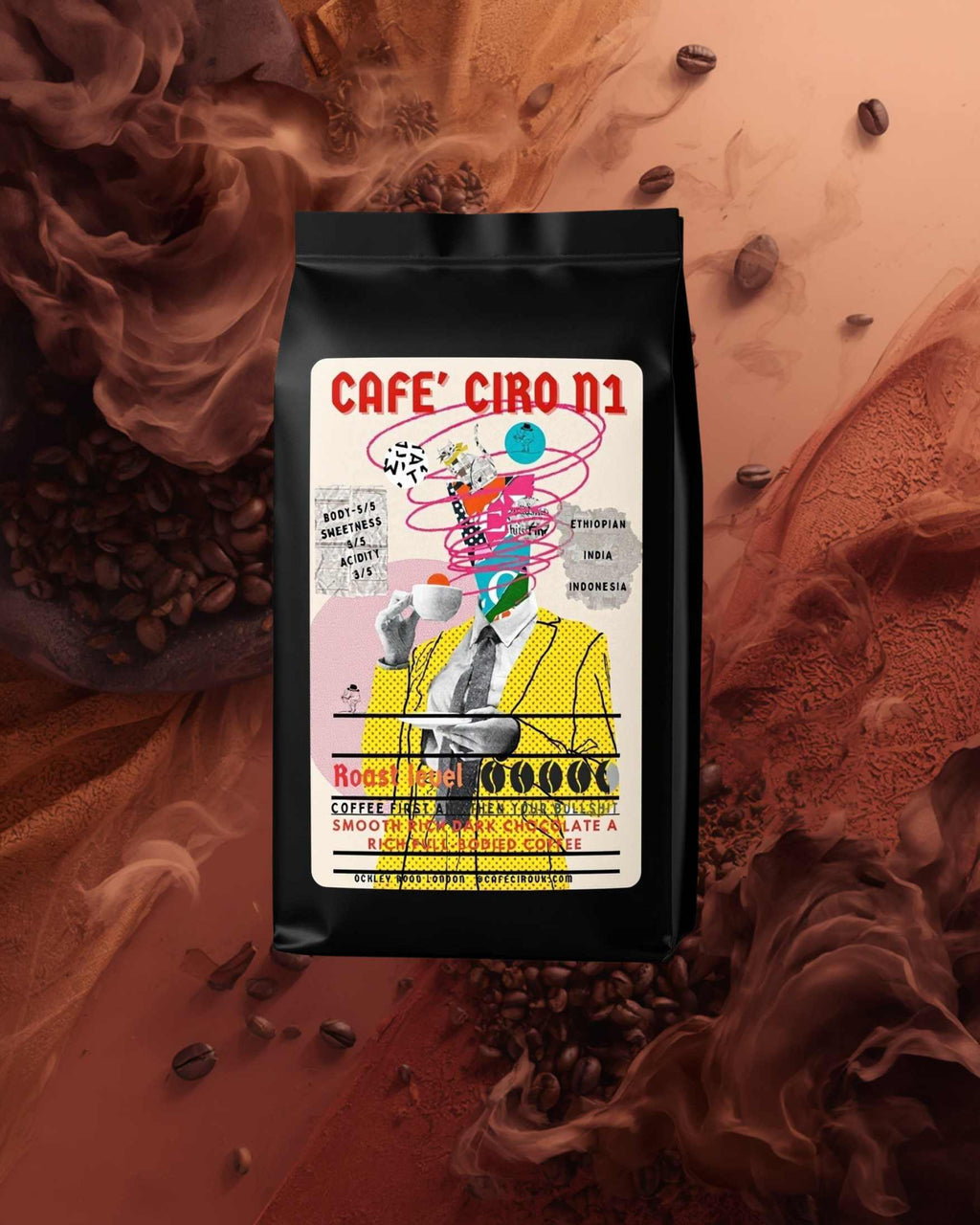 Cafe Ciro N1 coffee bag with a colorful label on a coffee bean background