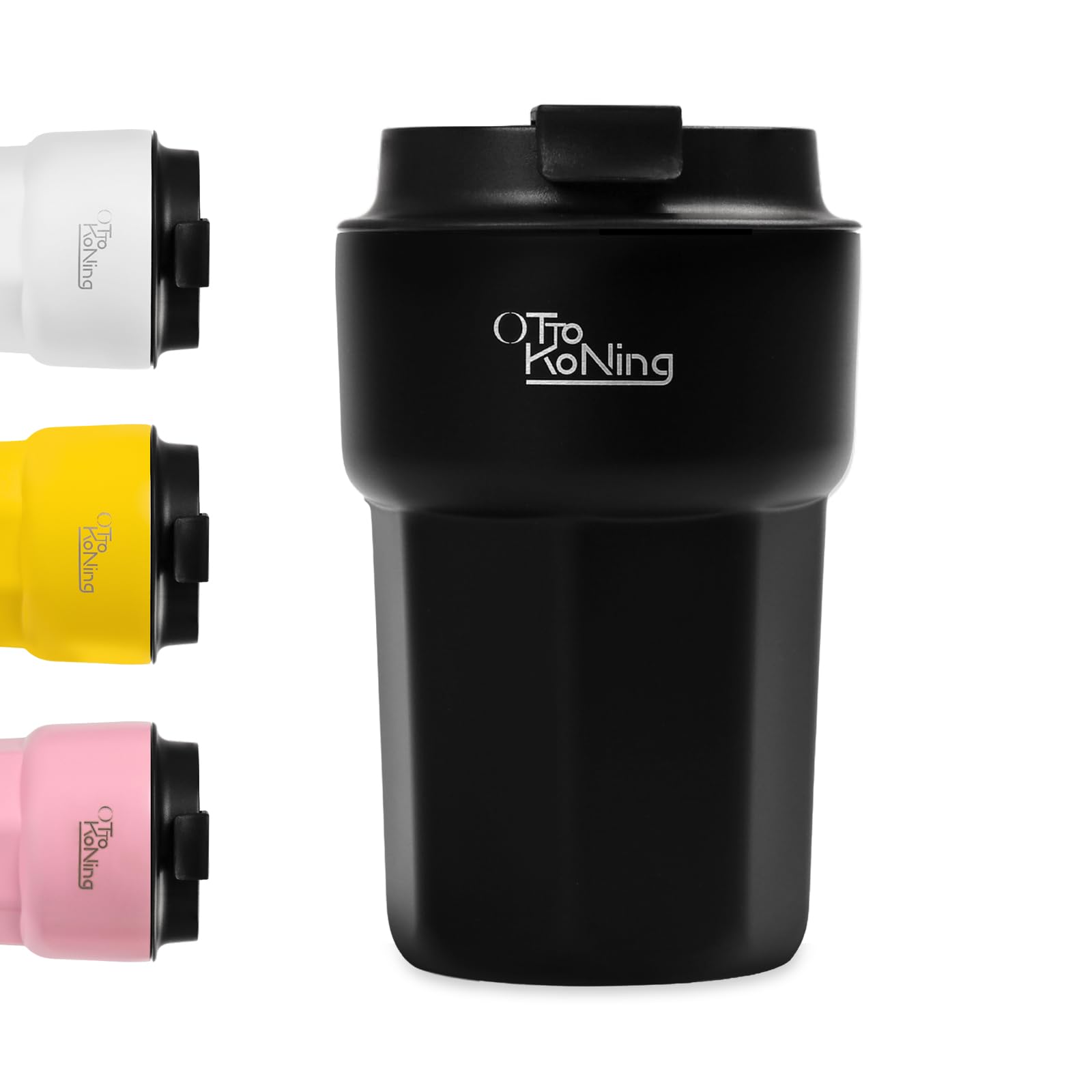Black travel mug with pink, yellow, and white versions on a white background