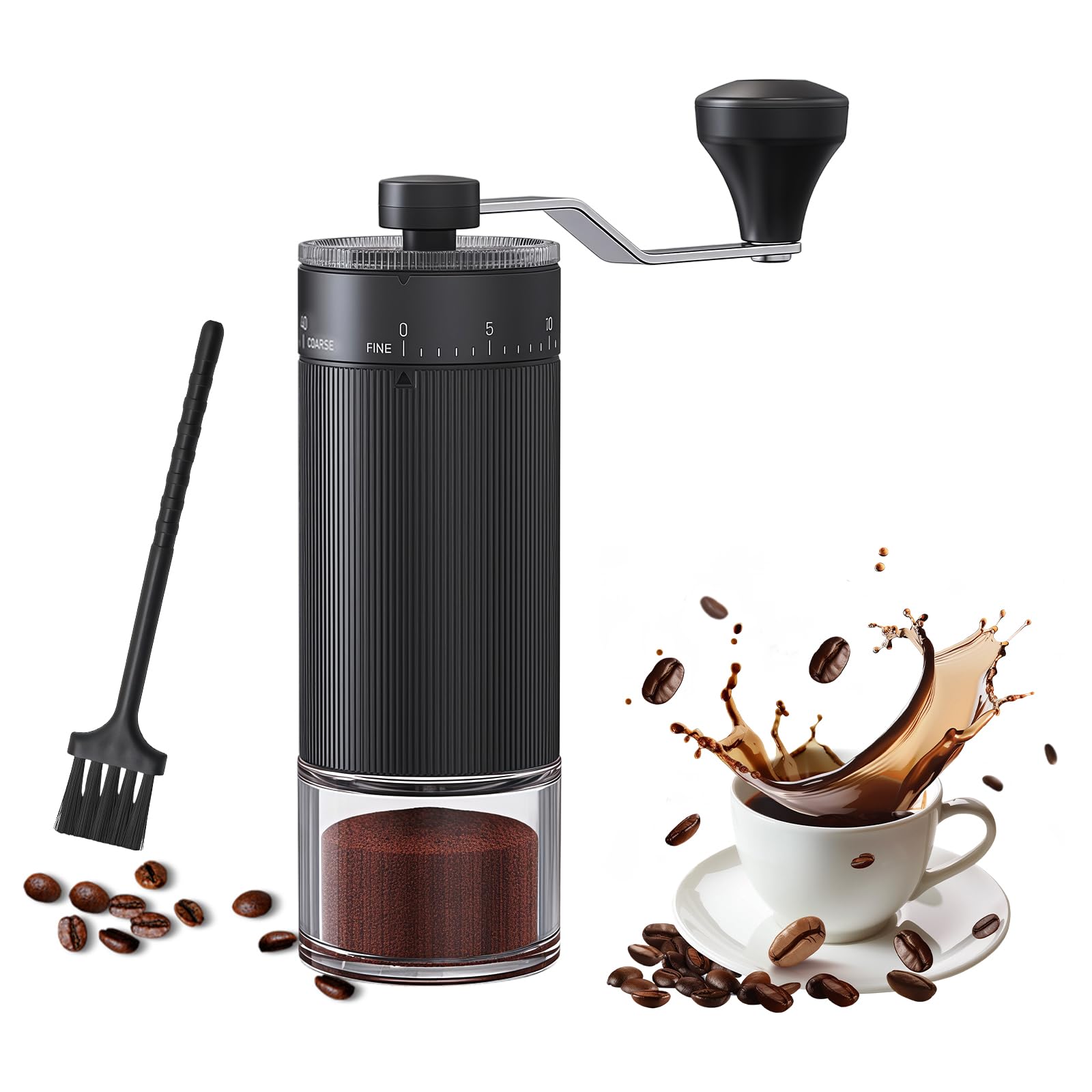 Hand coffee grinder with coffee beans and a cup of coffee on a white background