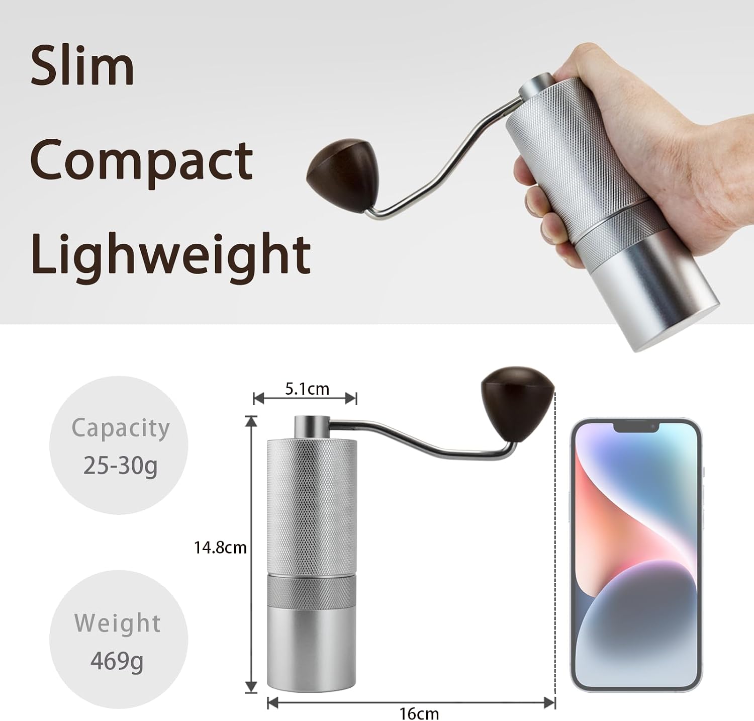A manual metal coffee grinder shown with a hand holding it, plus dimension labels, capacity and weight text, and a smartphone for scale on a light gray background.