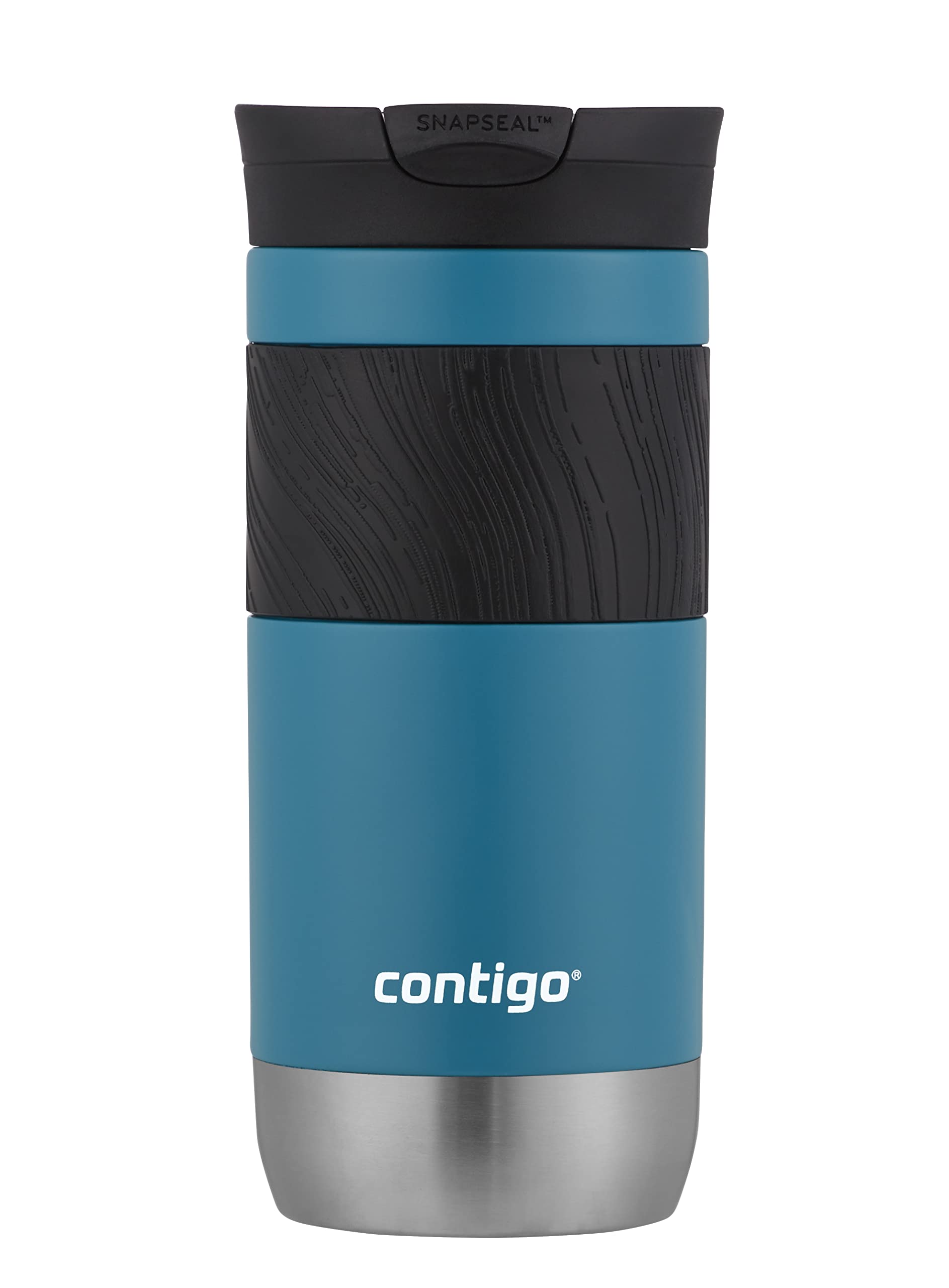 Blue Contigo travel mug with black lid on a white background
