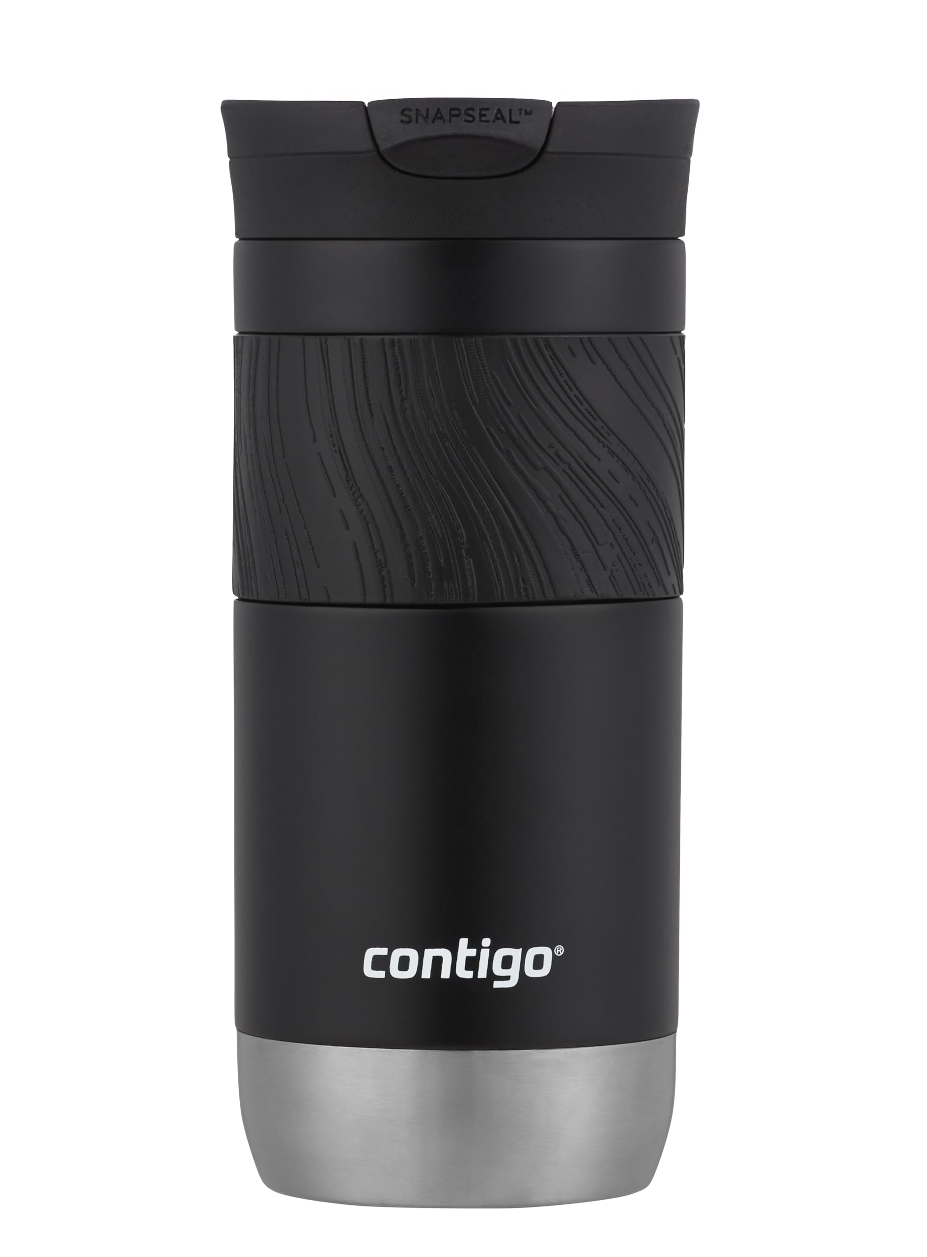 Black Contigo travel mug with silver base on a white background
