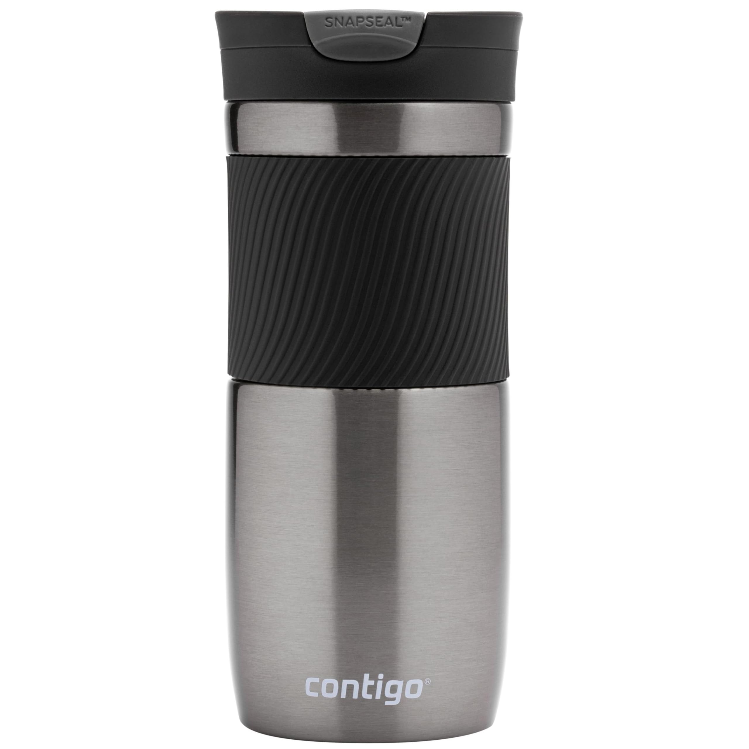 Stainless steel travel mug with black lid on a white background