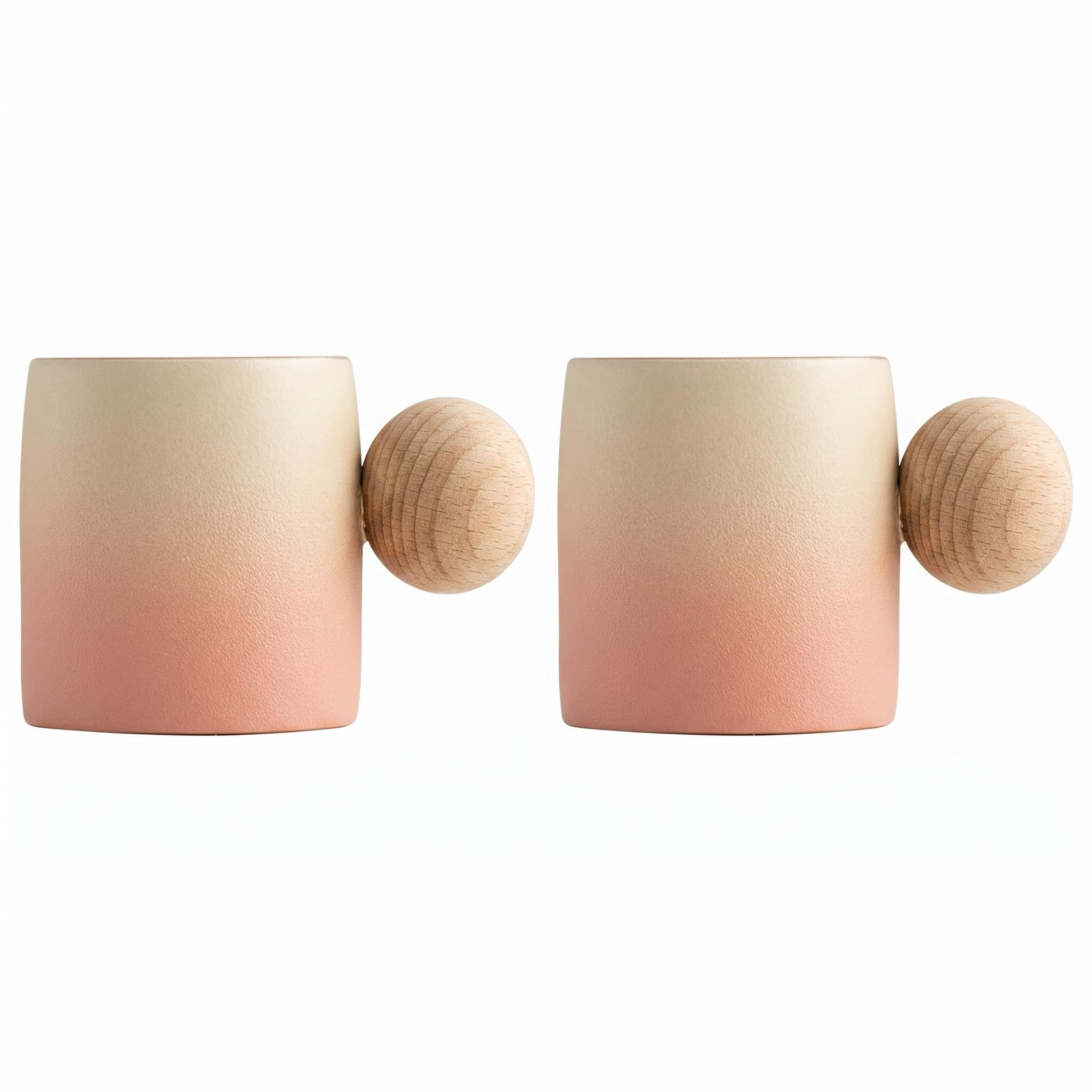 Two ceramic mugs with a soft peach and cream gradient, each featuring a round natural wood handle, shown on a plain white background.