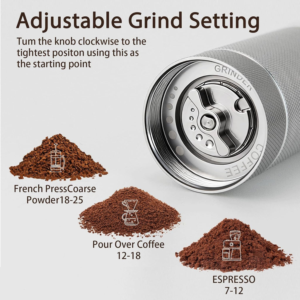 A coffee grinder close-up with text explaining how to adjust the grind setting, plus three small piles of coffee grounds labeled French Press Coarse Powder, Pour Over Coffee, and Espresso.
