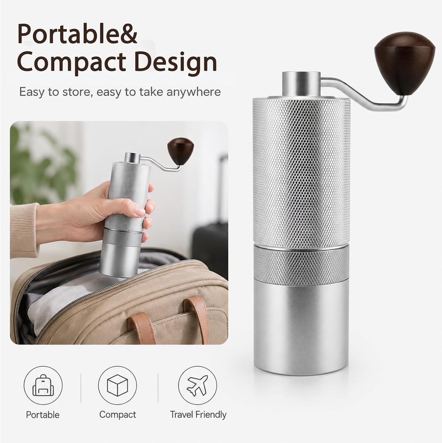 A portable manual coffee grinder with a textured silver body and dark brown wooden handle, shown alongside marketing text and a lifestyle inset of a hand placing it into a bag.