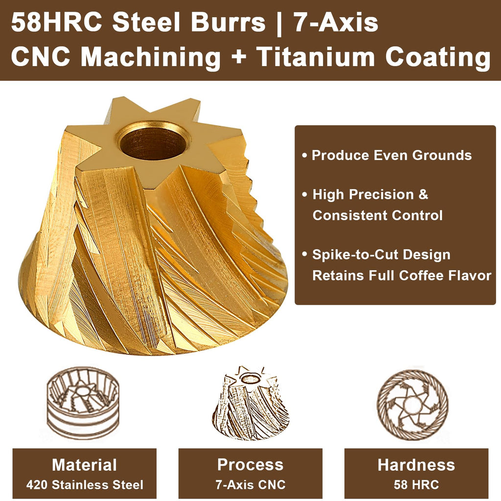 A 58HRC steel burr with a 7-axis CNC machining finish and titanium coating, shown on a white background with descriptive text and feature callouts.