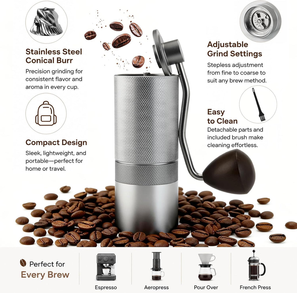 A manual coffee grinder with a stainless steel body and dark wood crank handle, shown on a white background surrounded by coffee beans. The image includes feature callouts such as 'Stainless Steel Conical Burr,' 'Adjustable Grind Settings,' 'Compact Design,' and 'Easy to Clean,' plus small inset circles and icons.
