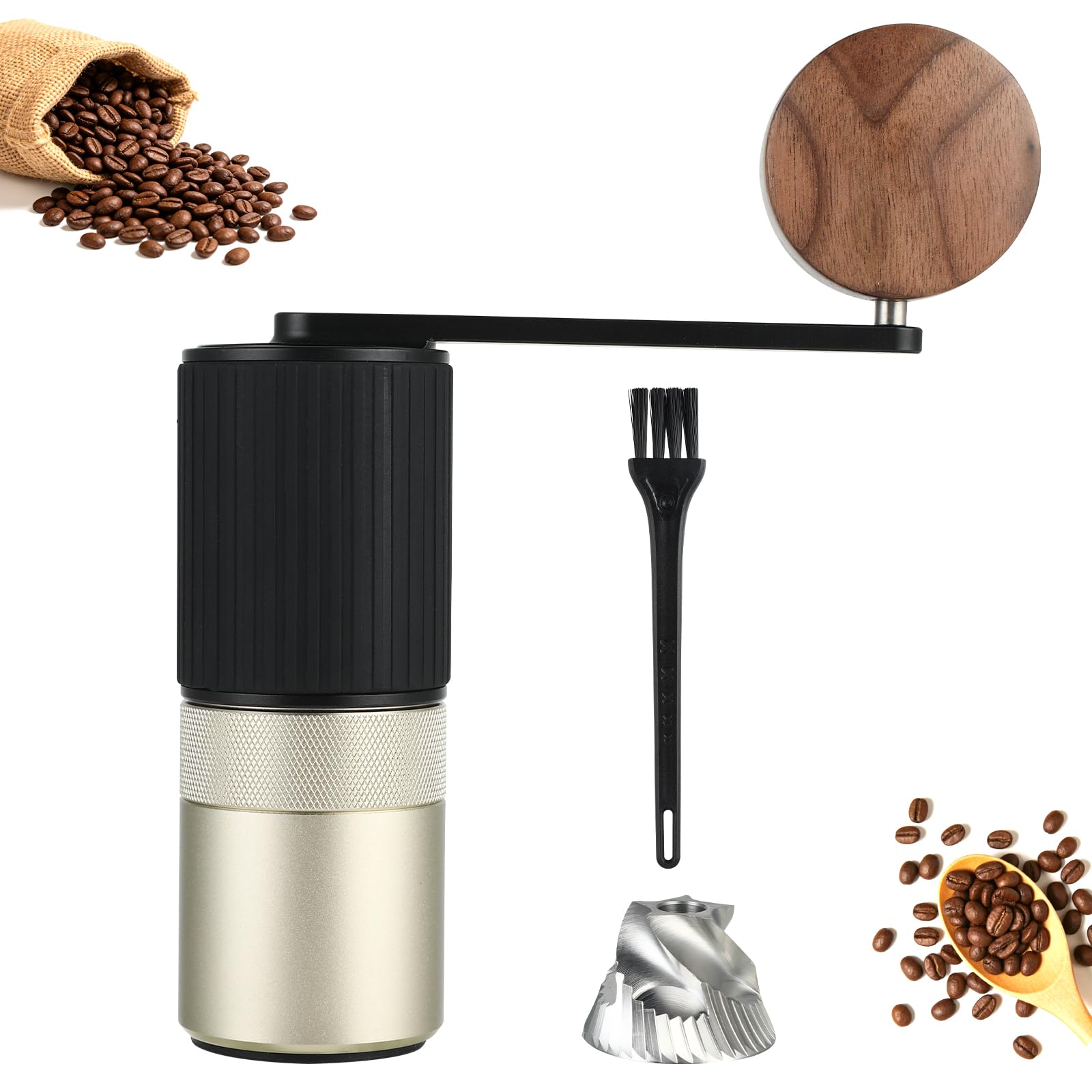 Manual coffee grinder with a black ribbed body, brushed silver lower section, wooden crank handle, black fork, and metal blade, shown on a white background with coffee beans and a small burlap sack graphic.