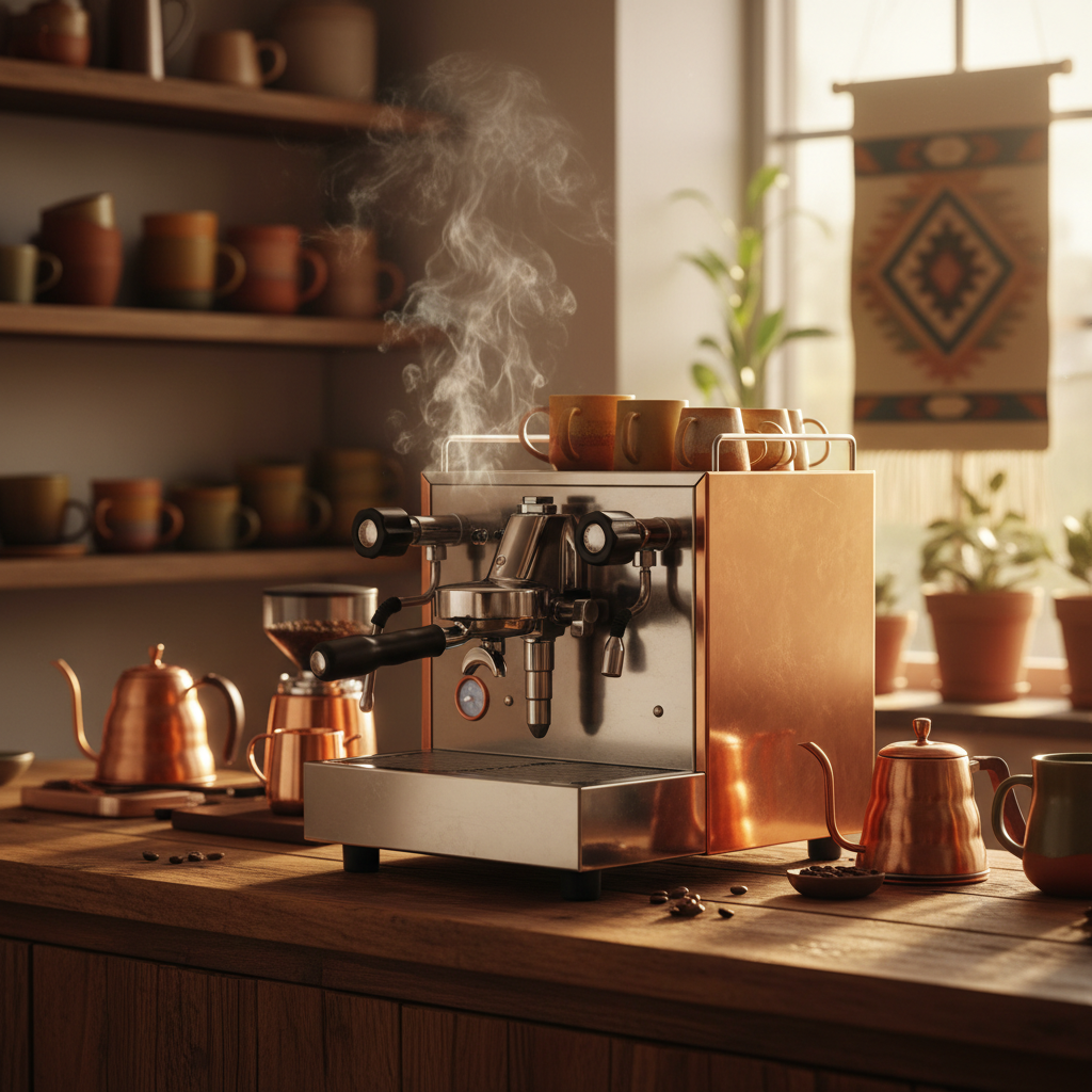 A stainless steel and copper espresso machine with a copper side panel sits on a wooden counter in a warm, rustic coffee shop setting with steam rising and matching copper kettles nearby.
