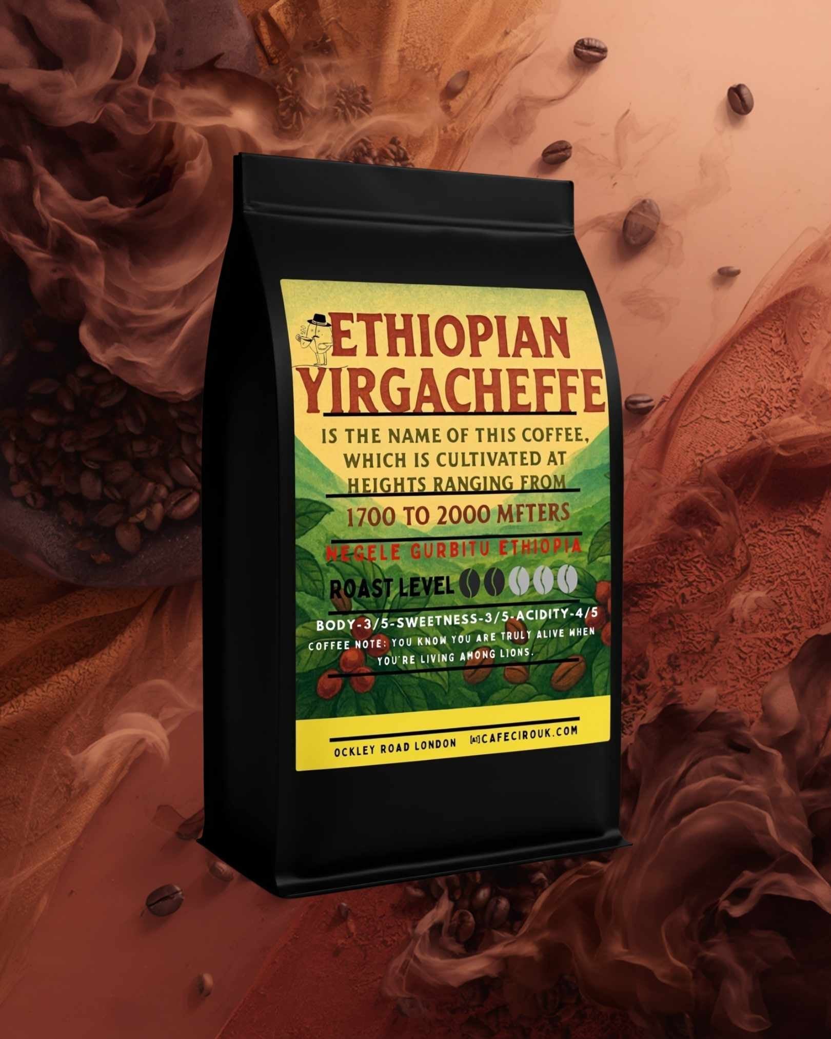 A black coffee bag labeled 'Ethiopian Yirgacheffe' stands upright against a warm brown and orange smoky background with scattered coffee beans. The package has a yellow top and bottom band with green central artwork and readable text about the coffee origin and roast.