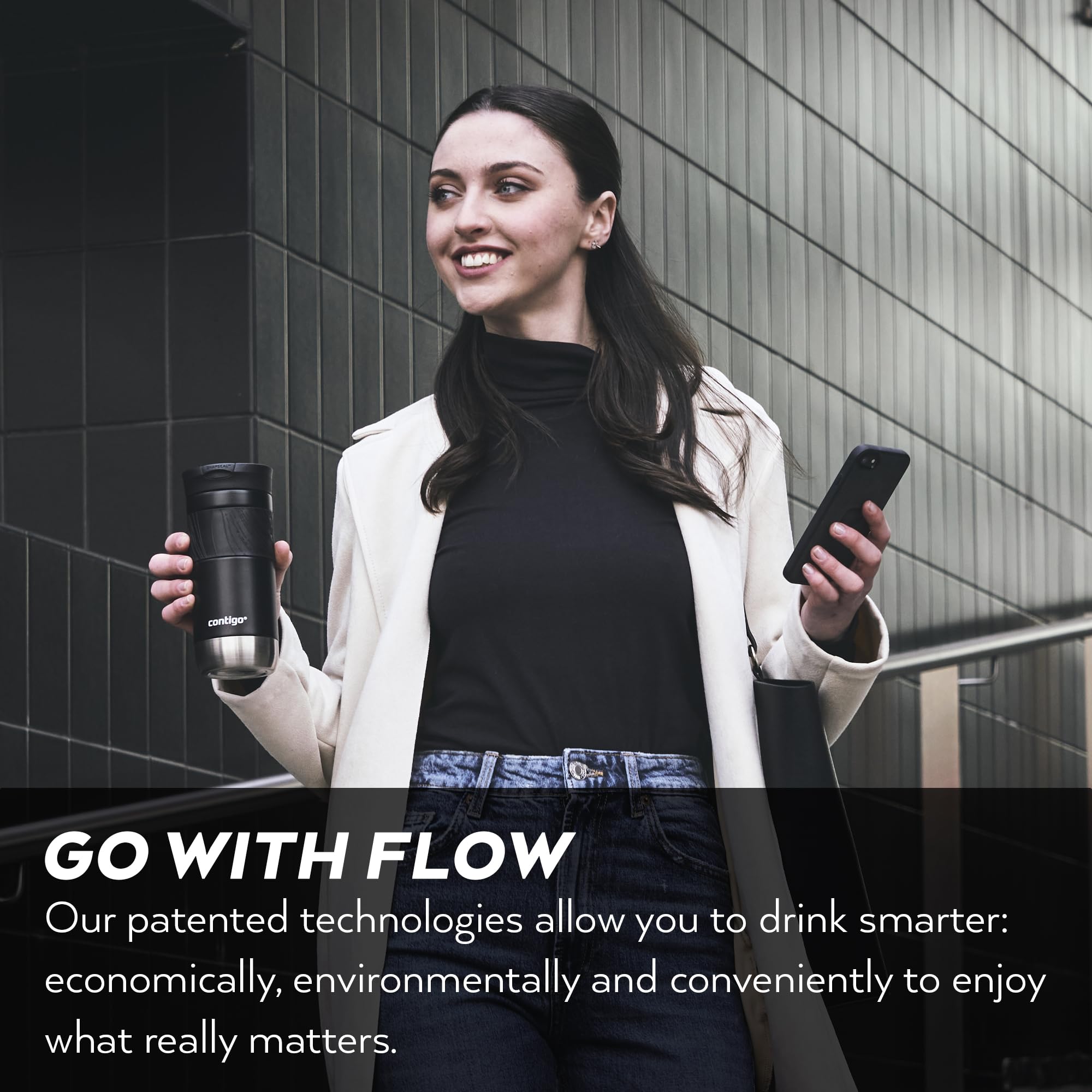 Woman holding a coffee cup and phone with promotional text about patented technologies.