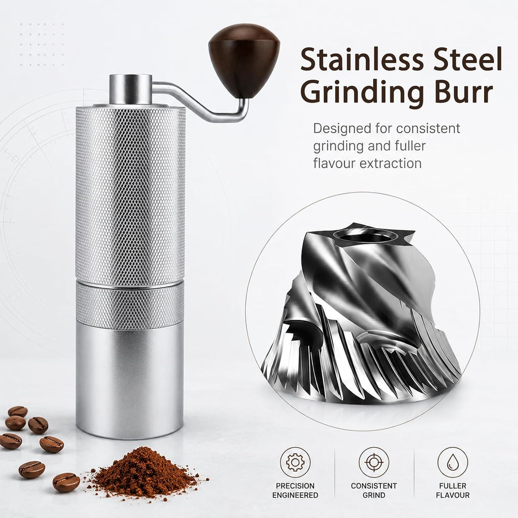 Manual stainless steel coffee grinder with a dark wooden handle knob, shown beside text describing it as a stainless steel grinding burr, with coffee beans and ground coffee, plus an inset showing the sharpened burr.
