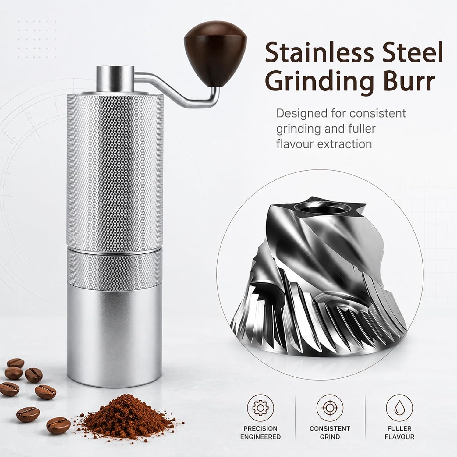 Manual stainless steel coffee grinder with a dark wooden handle knob, shown beside text describing it as a stainless steel grinding burr, with coffee beans and ground coffee, plus an inset showing the sharpened burr.