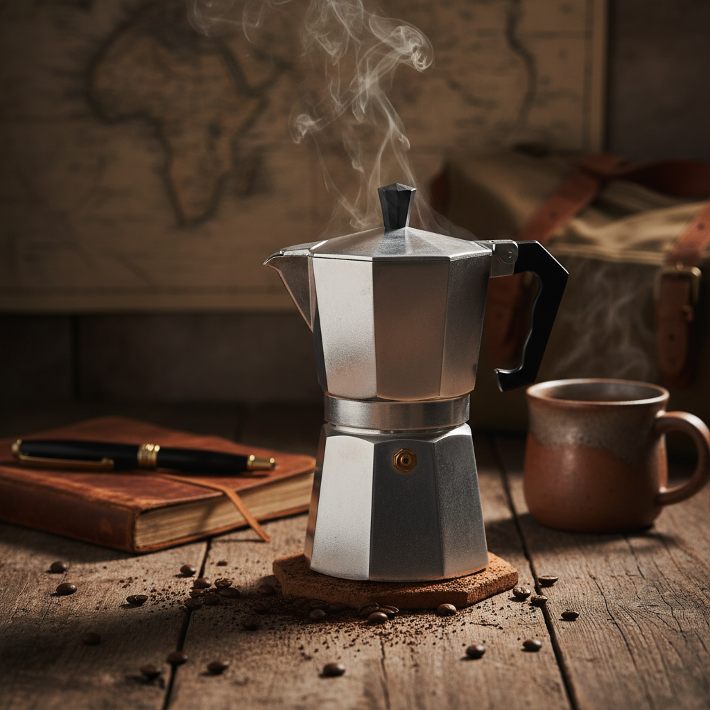 A silver aluminum moka pot stovetop espresso maker sits on a wooden table with steam rising from the top, alongside a ceramic mug, a notebook with a pen, and coffee beans. The background features a vintage map and leather suitcase.