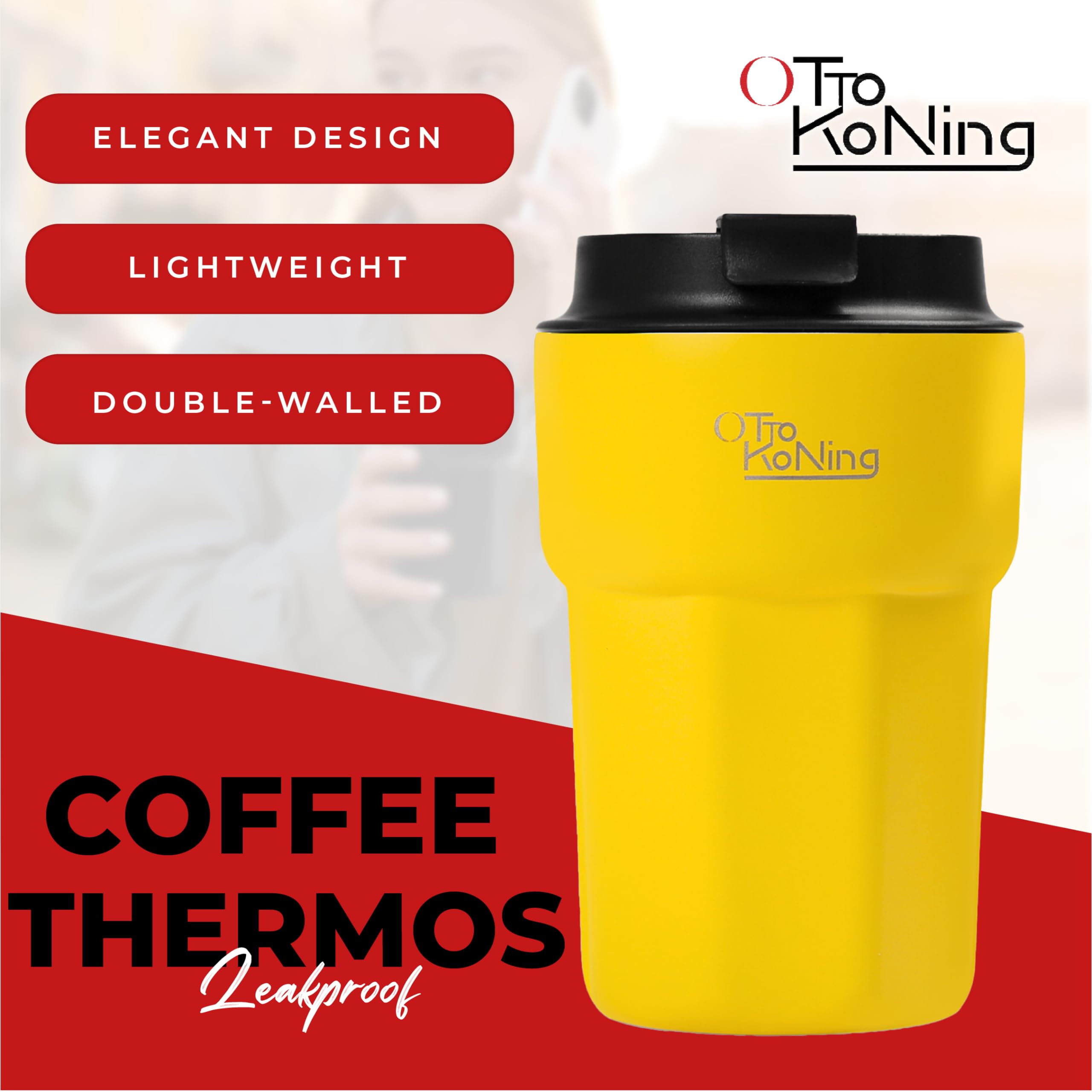 Yellow coffee thermos with black lid on a red and white background, featuring Otto KoNing branding.