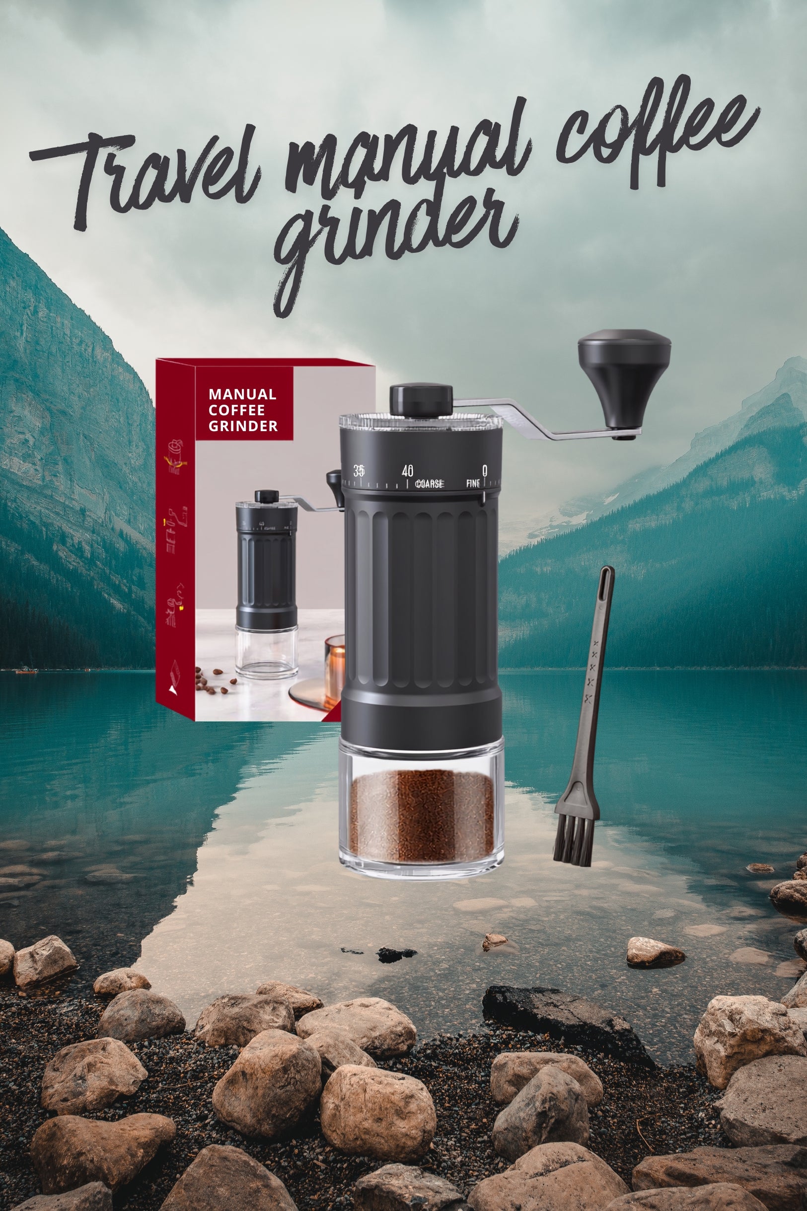 A manual travel coffee grinder with a black body, clear lower chamber, and hand crank is shown over a scenic lake-and-mountains background. The box, a cleaning brush, and the text 'Travel manual coffee grinder' are also visible.