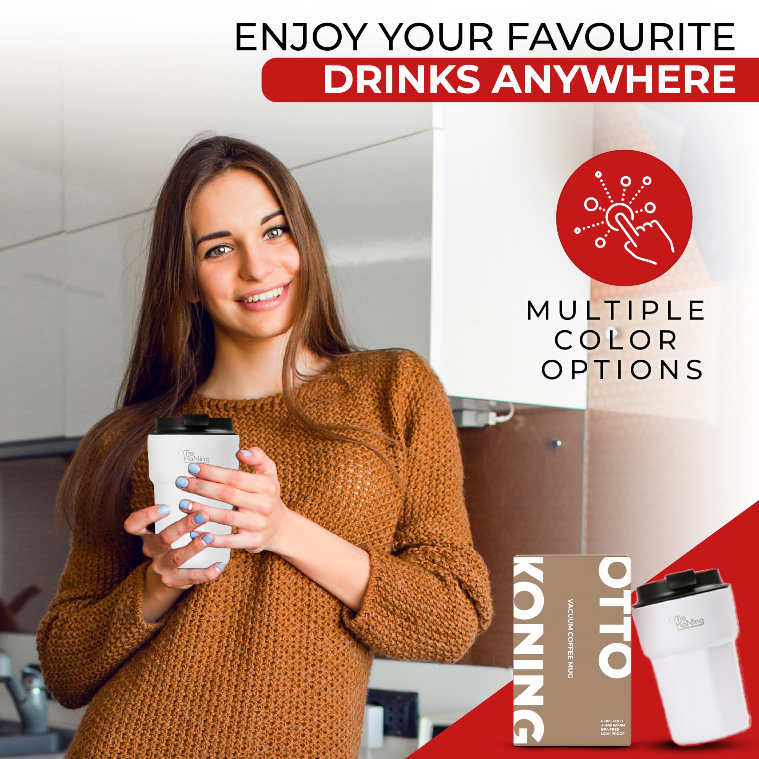 Woman holding a white coffee cup with text about enjoying drinks anywhere and multiple color options.