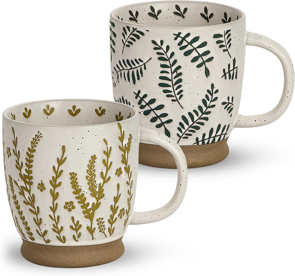 Two speckled ceramic mugs with botanical leaf patterns, one featuring olive green prints and the other black prints, both with brown textured bases on a white background.