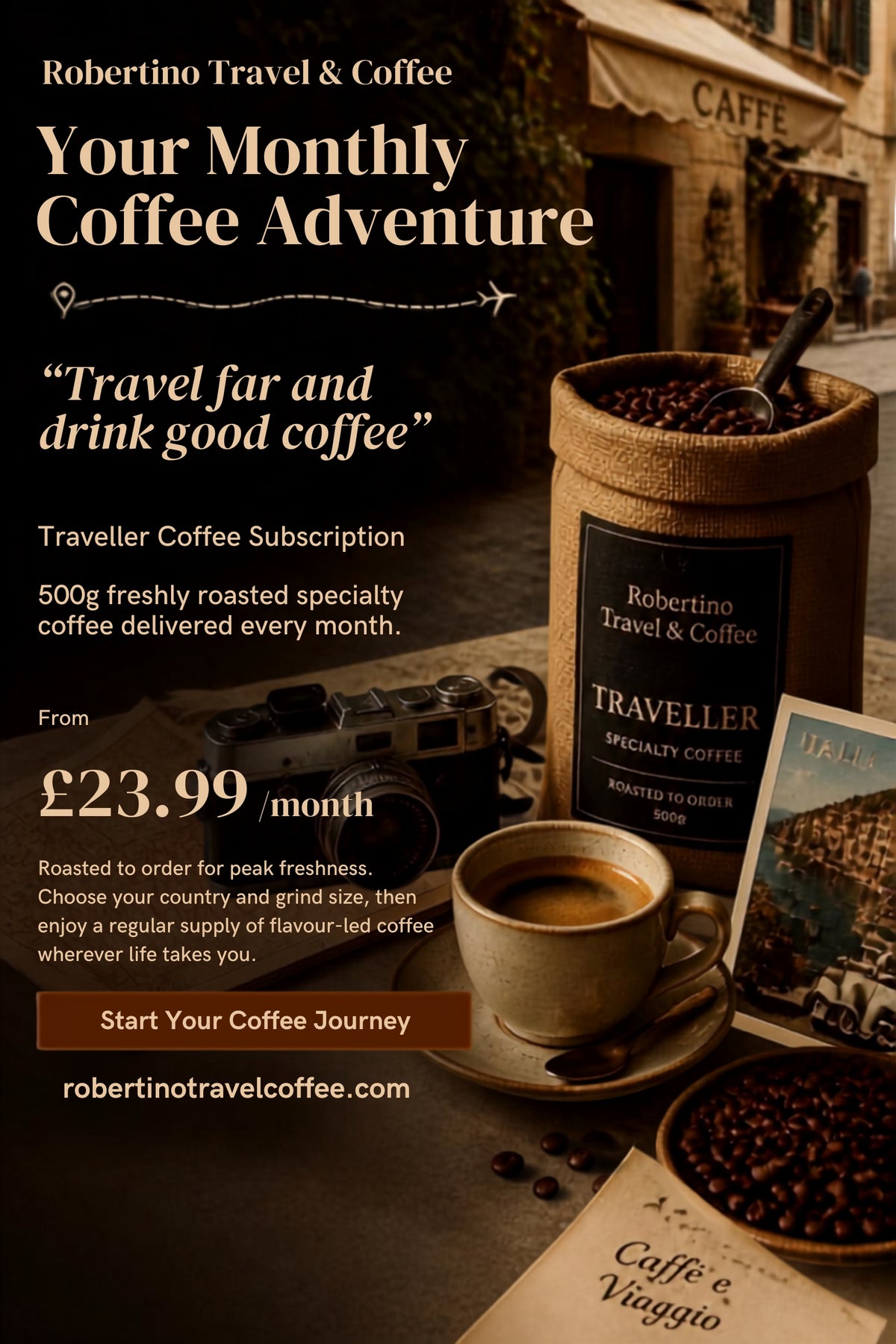 Promotional coffee advertisement for Robertino Travel & Coffee featuring a coffee cup, a burlap sack of traveller coffee, coffee beans, and printed cards in a cafe-style setting, with text offering a monthly coffee adventure subscription.