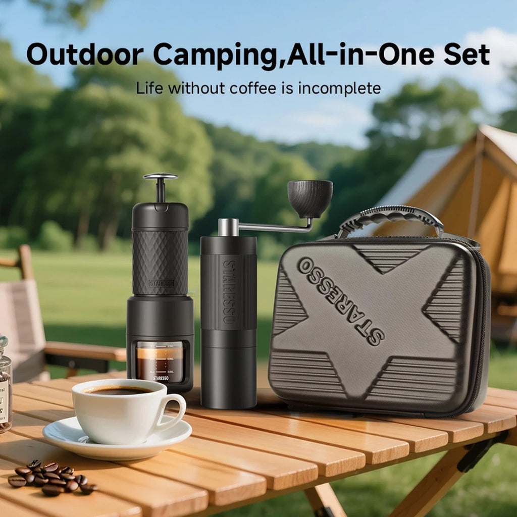 Portable Espresso Maker Kit Manual Coffee Grinder Travel Case Outdoor Set