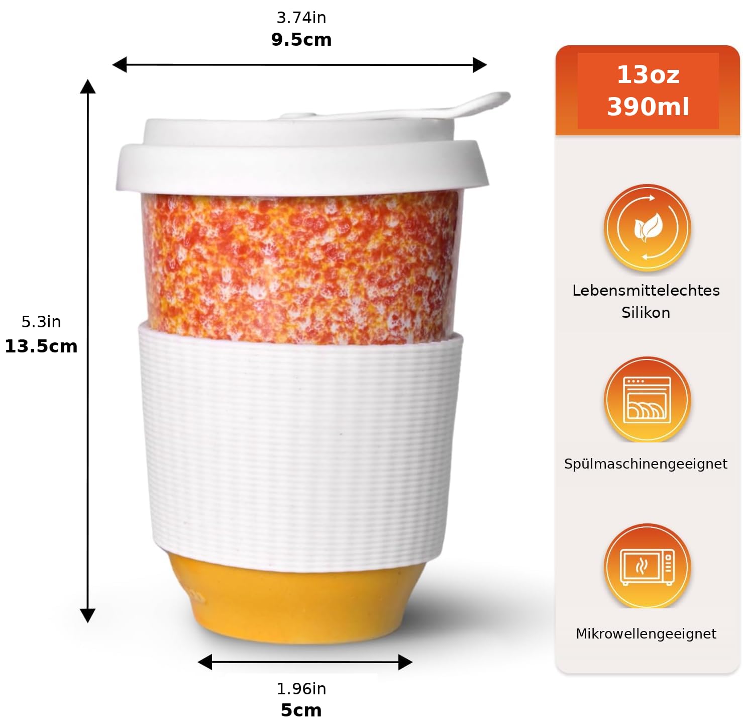 A reusable travel mug with a white lid, white textured sleeve, and yellow-orange base, shown with dimension arrows and a feature panel on the right. The mug contains a speckled orange and white patterned insert.