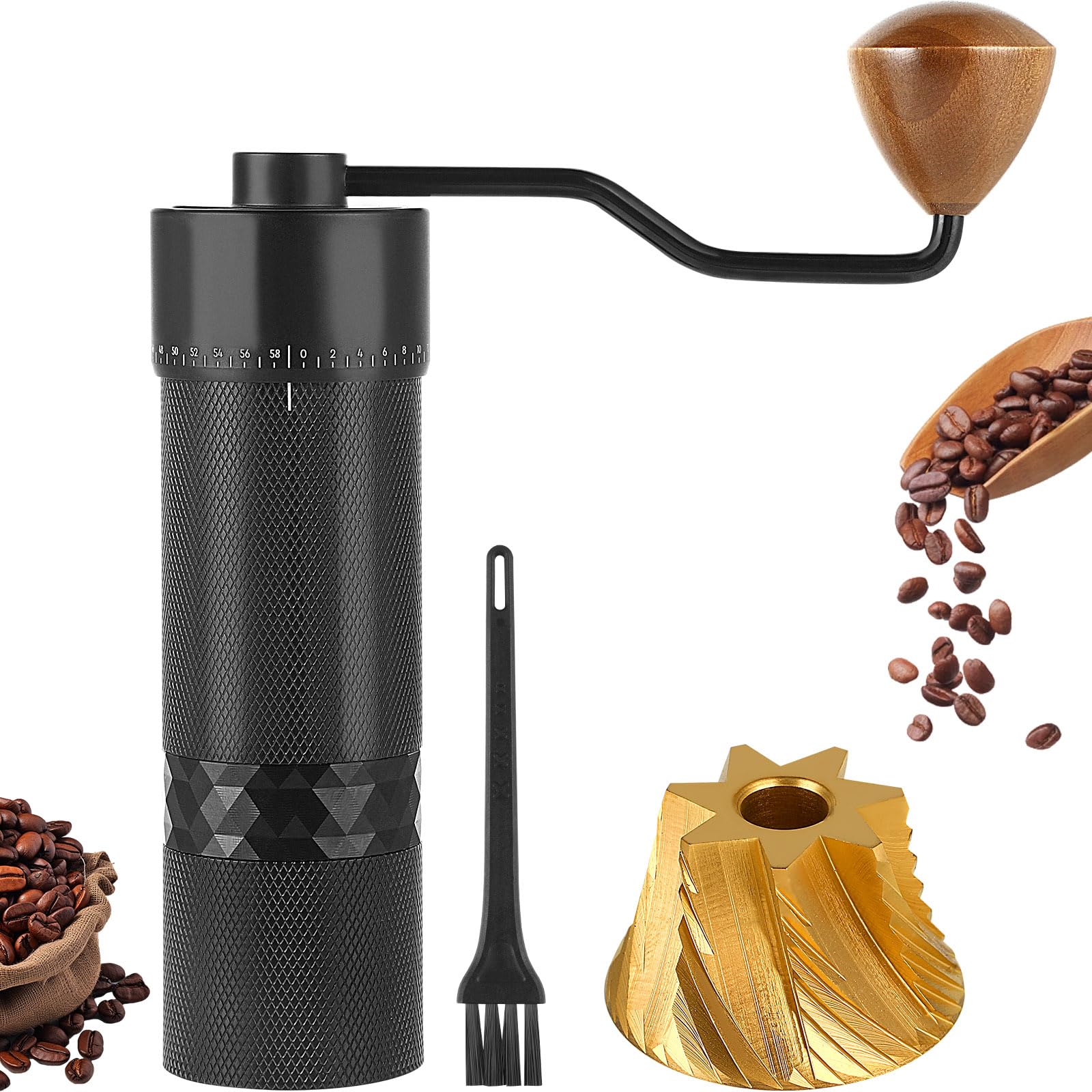 Manual coffee grinder set with a black metal body, wooden hand crank, gold-toned burr shell, black cleaning brush, and scattered coffee beans on a white background.
