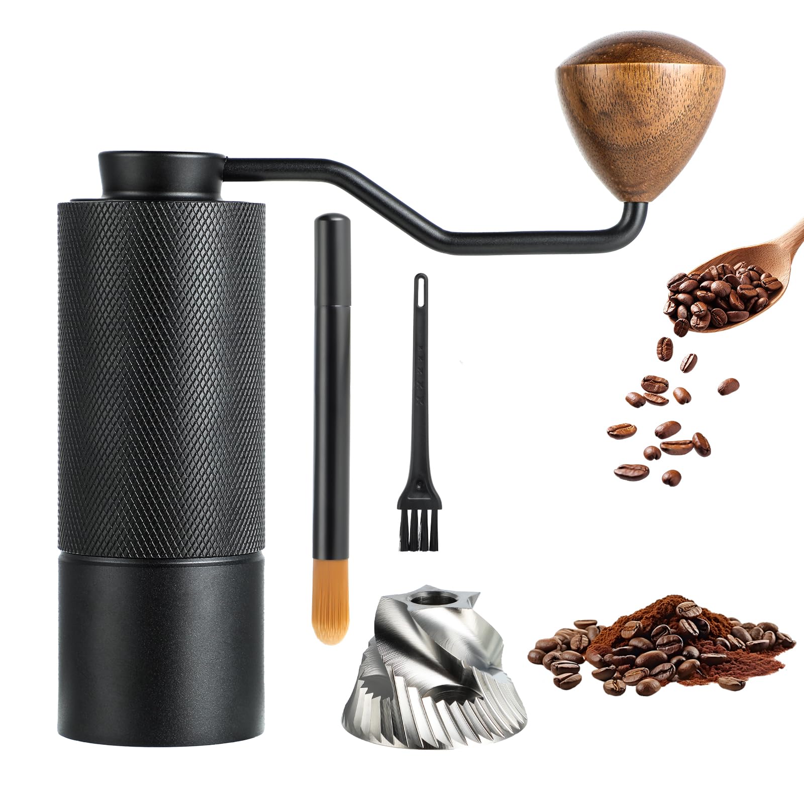 Black manual coffee grinder with wooden handle, additional tools, and coffee beans on a white background