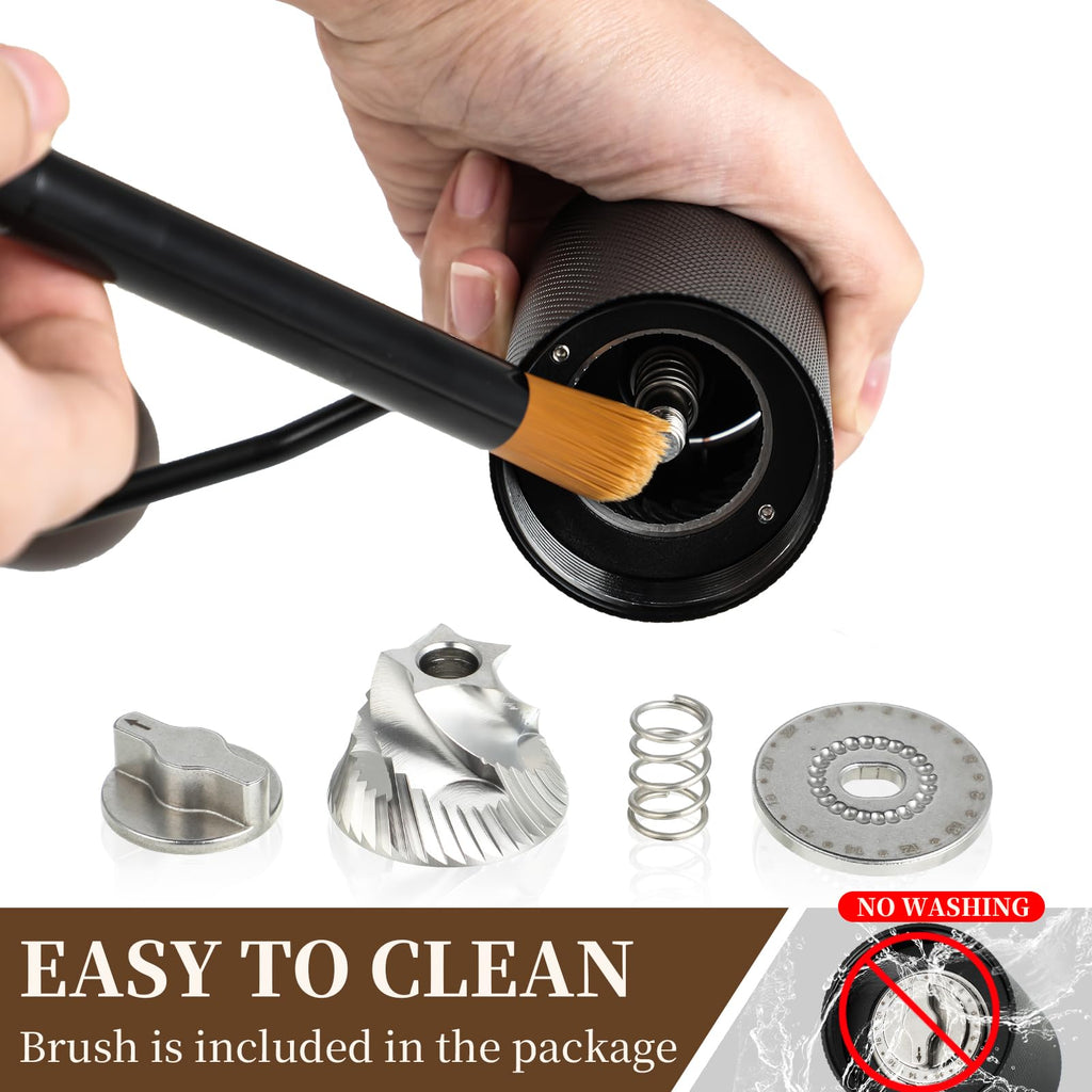Hand holding a cleaning tool with brush, surrounded by parts and text indicating ease of cleaning.